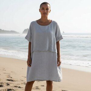 100% Lin Blanc Linen Sleeveless Dress and Cropped topper Lagenlook size 16